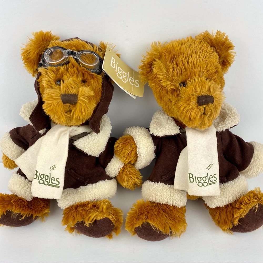 Biggles Aviator Plush Bear lot of two, one with paper tag, hat & goggles, 10”